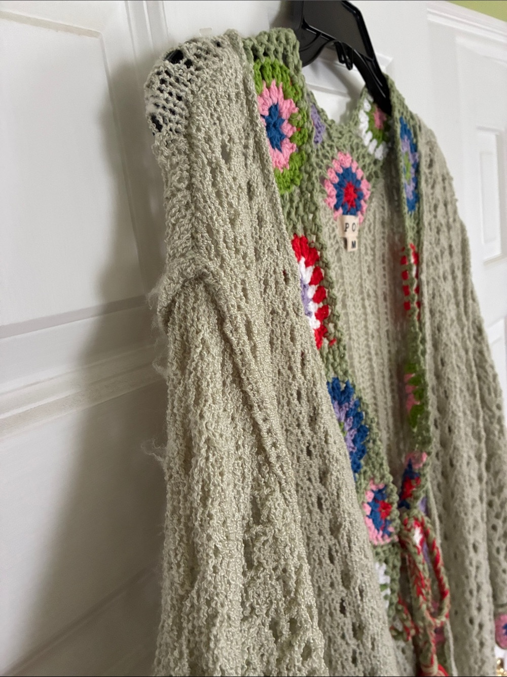 Boutique Boho Crochet-Trim Open Front Olive Green Sage Women's Sweater Cardigan - Picture 3 of 10